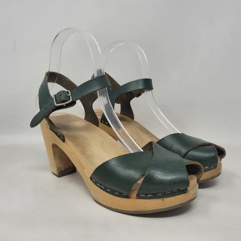 Swedish Hasbeens Sandals EU37 US7 Green Leather Wood Clog Peep Toe Ankle Strap